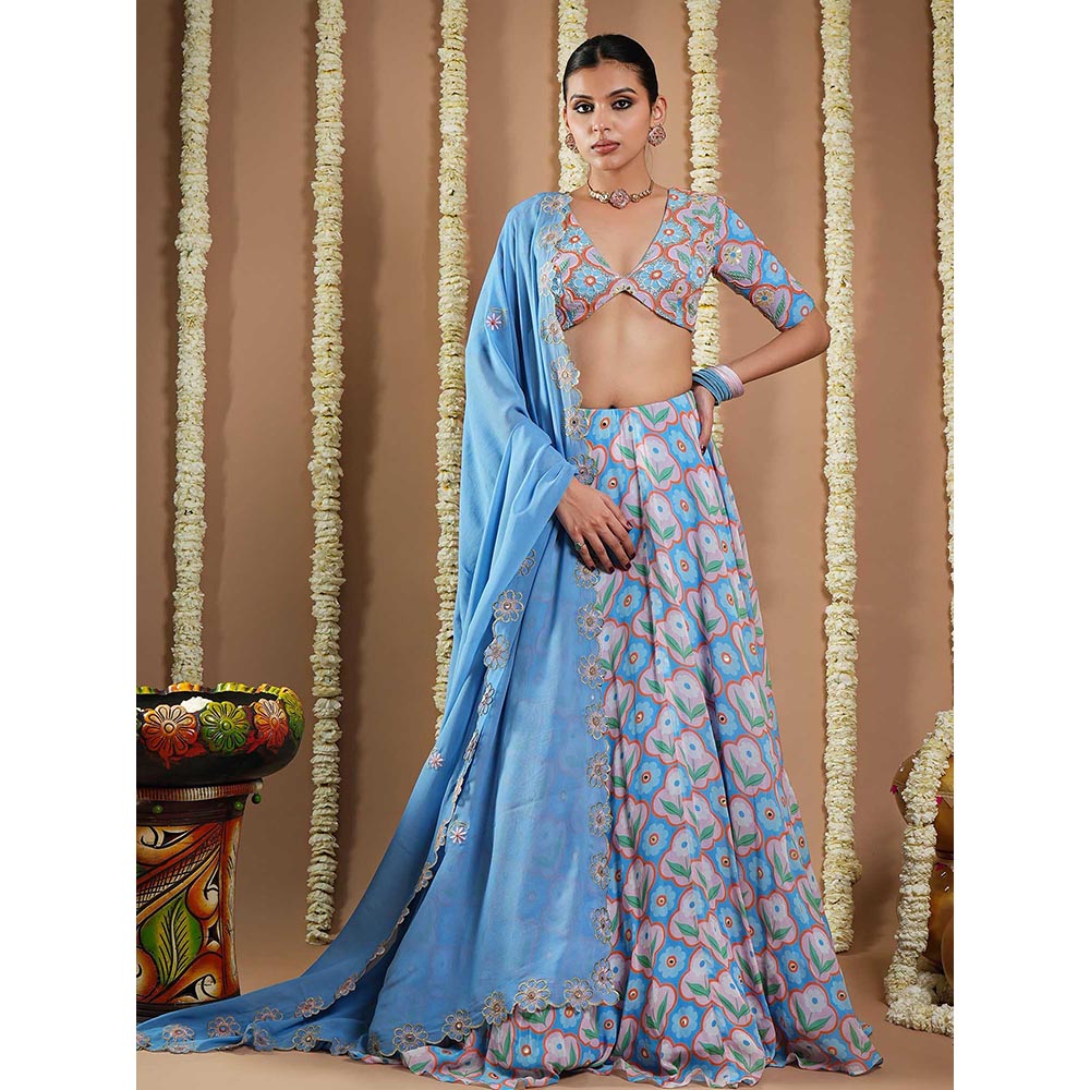 AHI Clothing Endless Sky Blue Printed Lehenga with Choli and Dupatta
