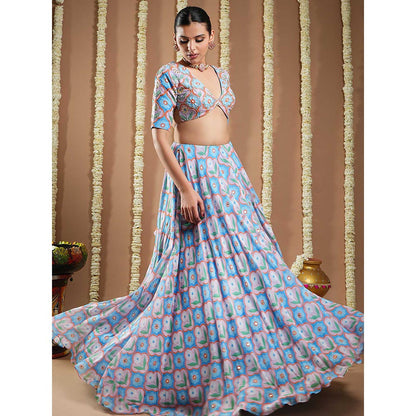 AHI Clothing Endless Sky Blue Printed Lehenga with Choli and Dupatta