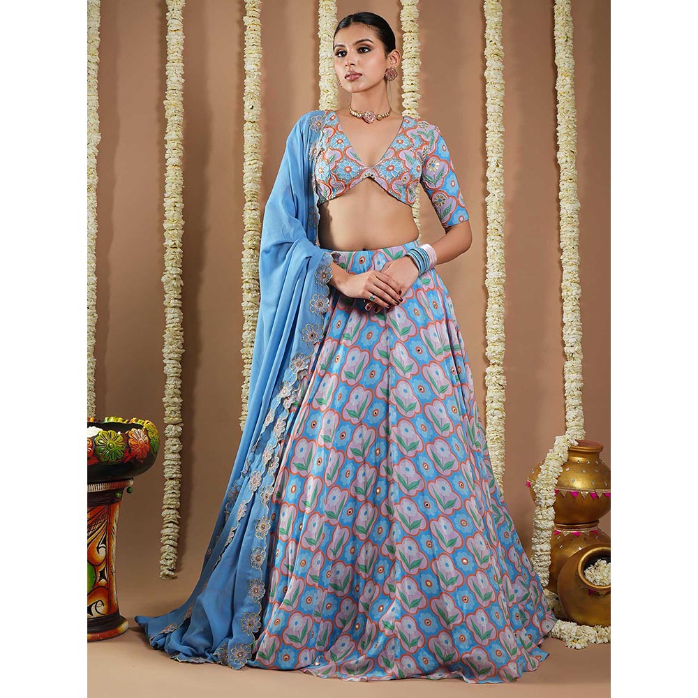AHI Clothing Endless Sky Blue Printed Lehenga with Choli and Dupatta