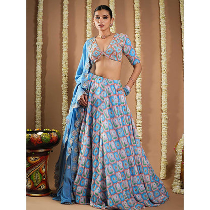 AHI Clothing Endless Sky Blue Printed Lehenga with Choli and Dupatta