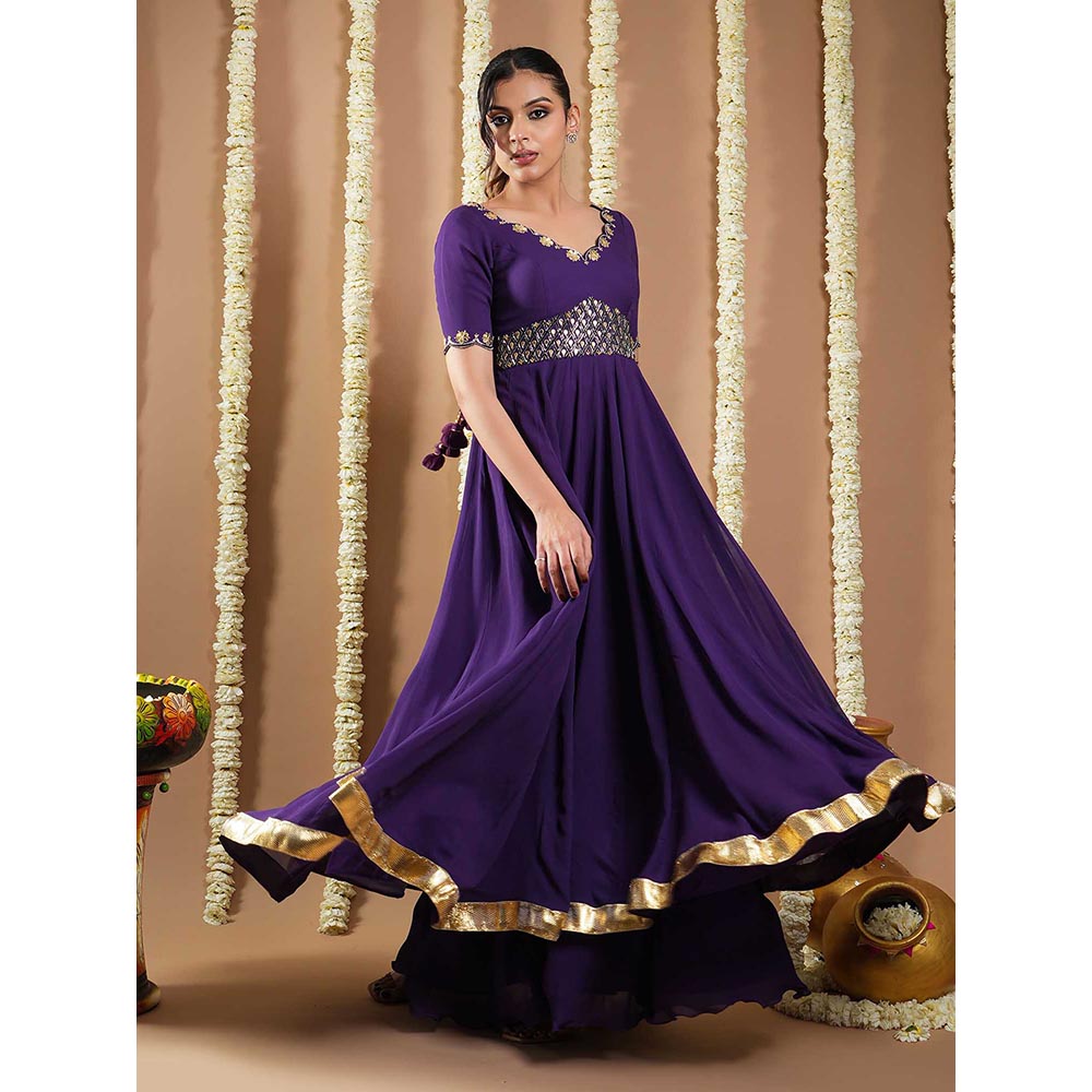 AHI Clothing Dark Purple Georgette Anarkali Kurta with Palazzo and Dupatta