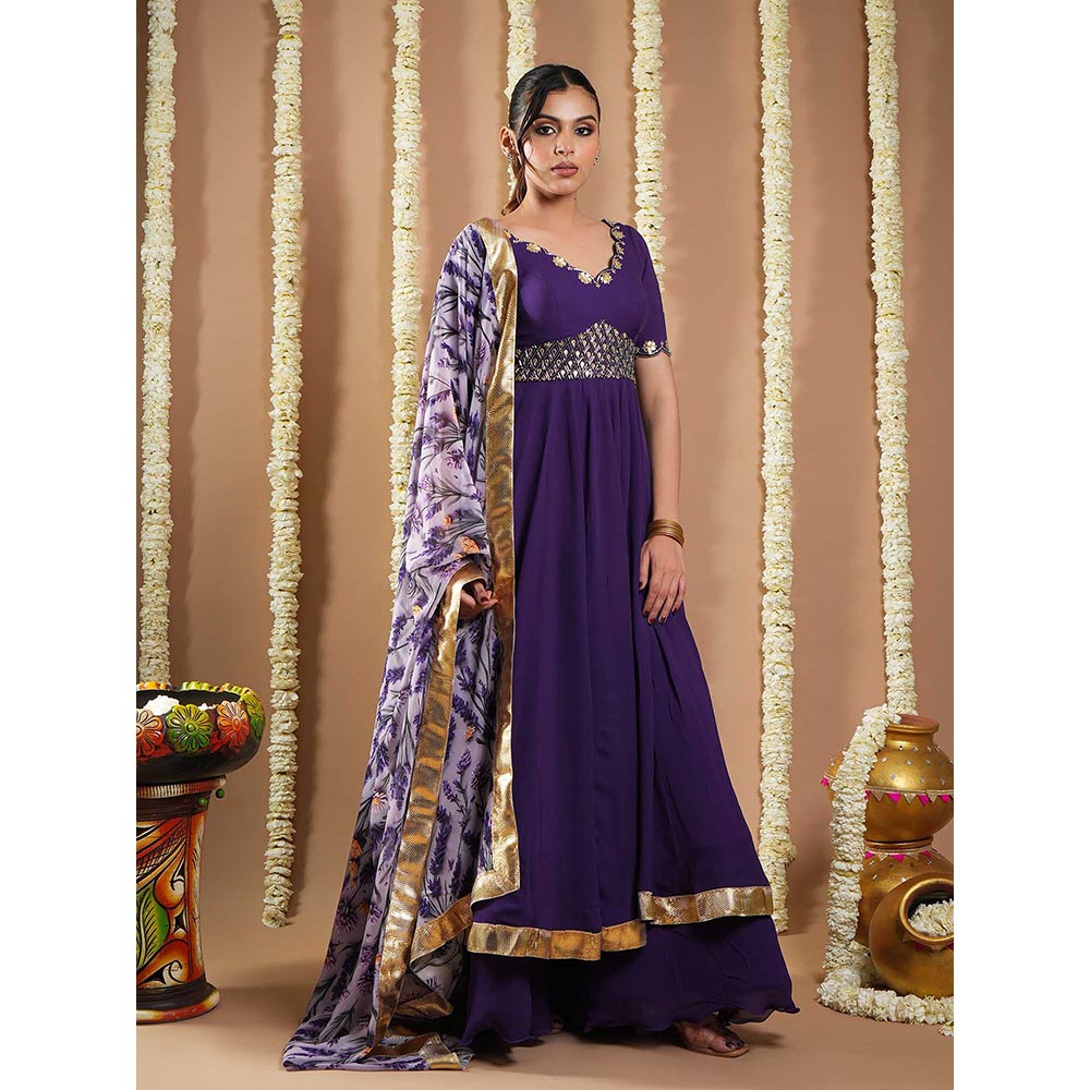 AHI Clothing Dark Purple Georgette Anarkali Kurta with Palazzo and Dupatta