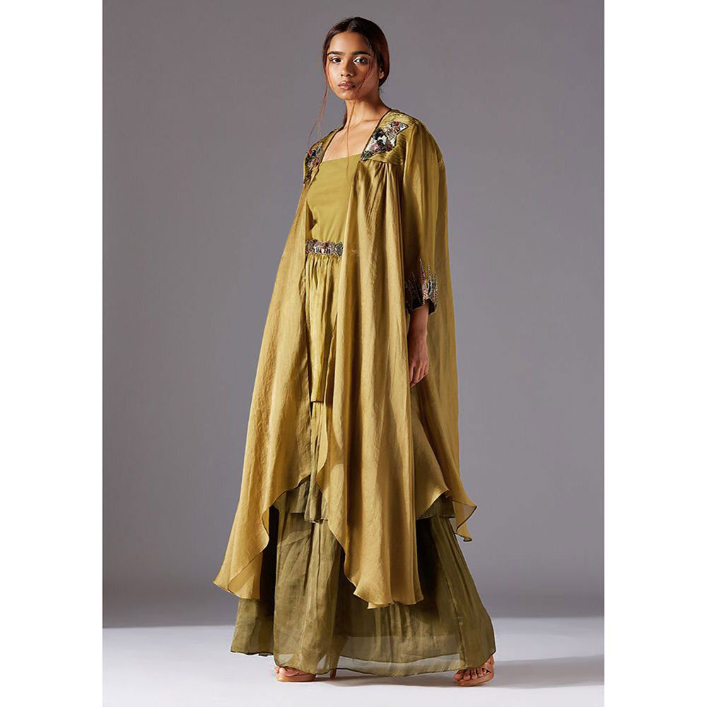 A Humming Way Hamada Cape with Forestland 3-tiered Dress and Metallic belt