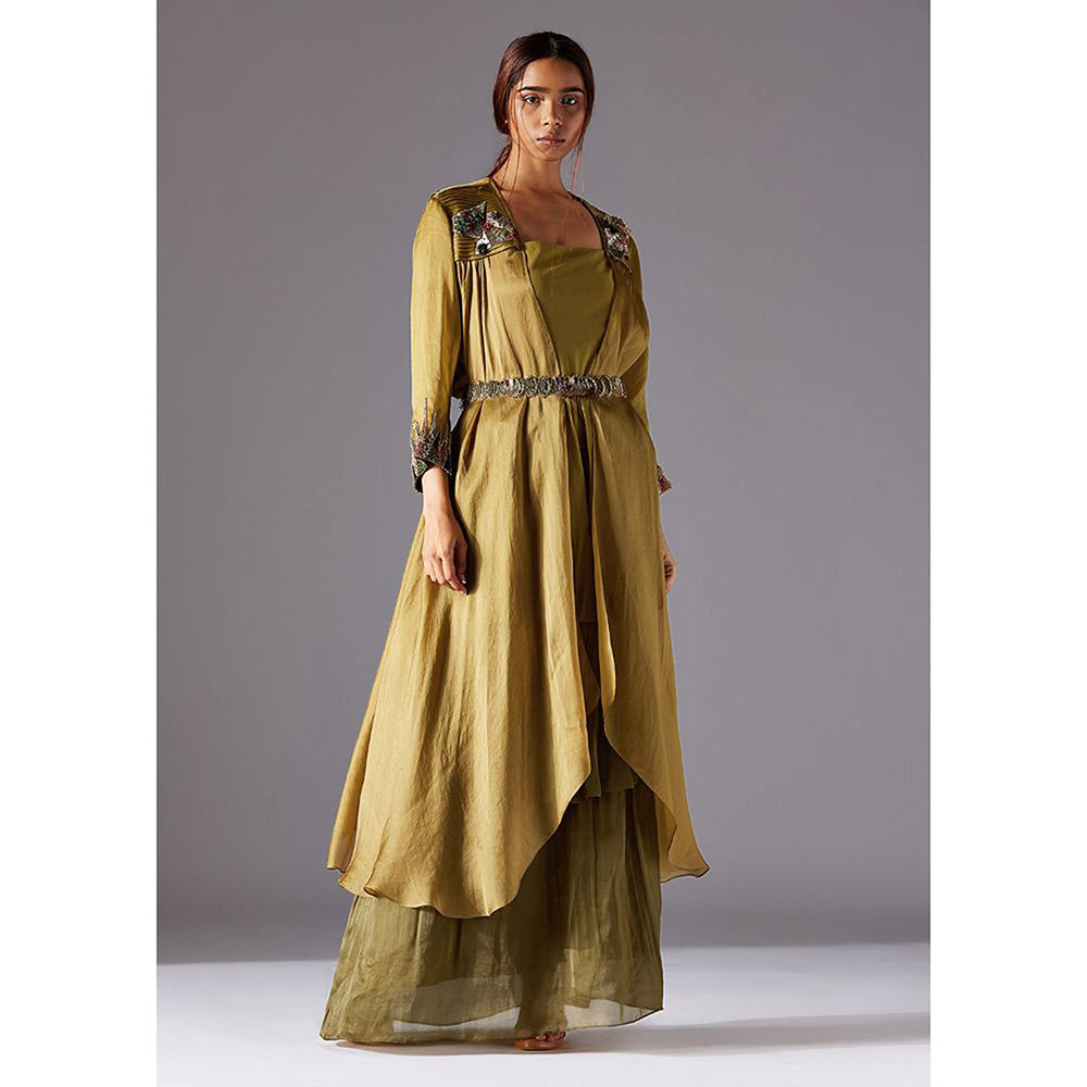 A Humming Way Hamada Cape with Forestland 3-tiered Dress and Metallic belt