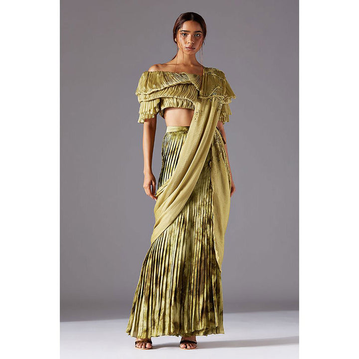 A Humming Way Gill Fungi Blouse With Marsh-Scapes Pleated Skirt and Living Stole- Dupatta