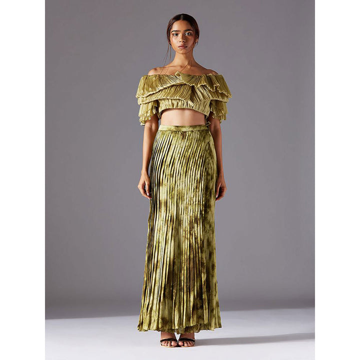 A Humming Way Gill Fungi Blouse With Marsh-Scapes Pleated Skirt and Living Stole- Dupatta