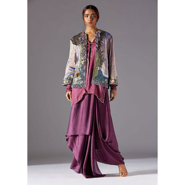 A Humming Way Elysian Iris Jacket with Tree Bark Kurta and Lungi Dhoti.