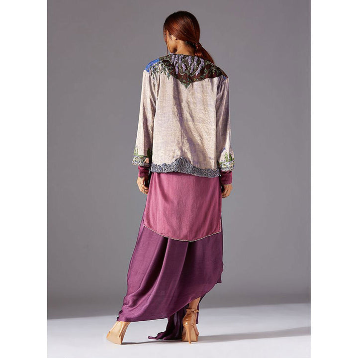 A Humming Way Elysian Iris Jacket with Tree Bark Kurta and Lungi Dhoti.