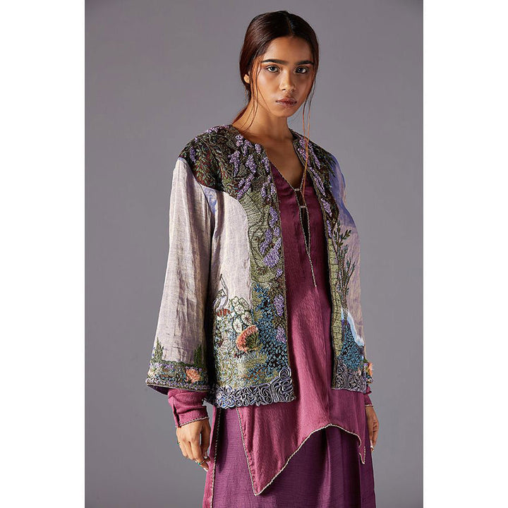 A Humming Way Elysian Iris Jacket with Tree Bark Kurta and Lungi Dhoti.