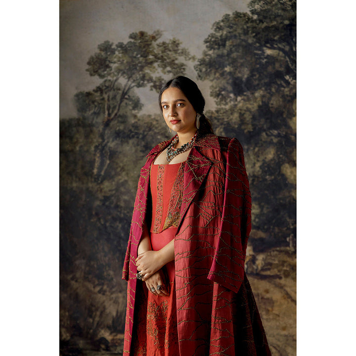 A Humming Way Namib Topographic Sherwani Coat, Valdivian Lehenga & Corset Blouse (Set of 3)