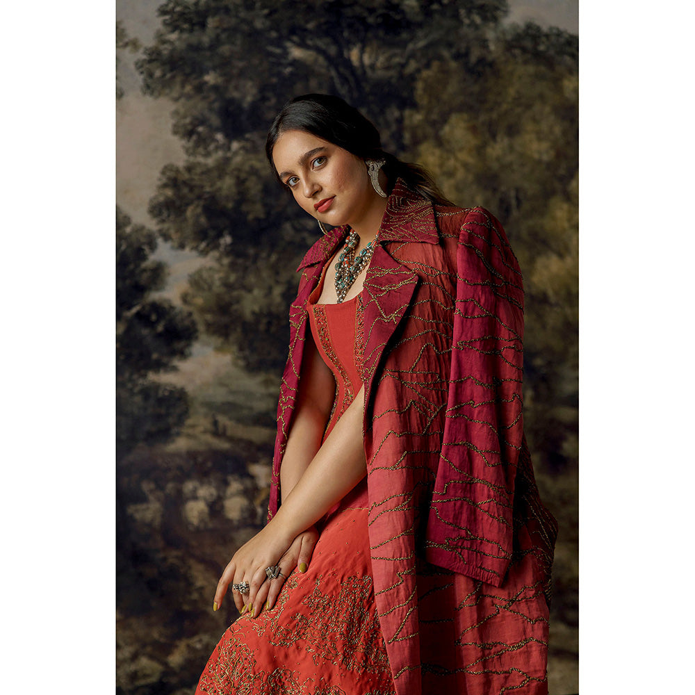 A Humming Way Namib Topographic Sherwani Coat, Valdivian Lehenga & Corset Blouse (Set of 3)