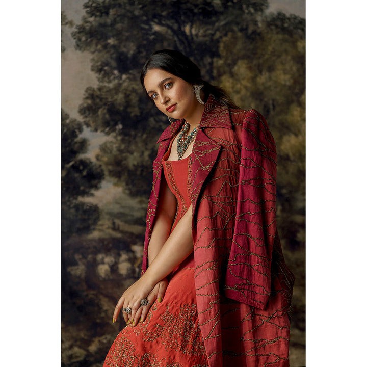 A Humming Way Namib Topographic Sherwani Coat, Valdivian Lehenga & Corset Blouse (Set of 3)