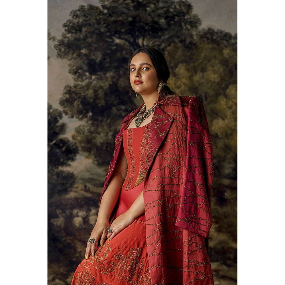 A Humming Way Namib Topographic Sherwani Coat, Valdivian Lehenga & Corset Blouse (Set of 3)