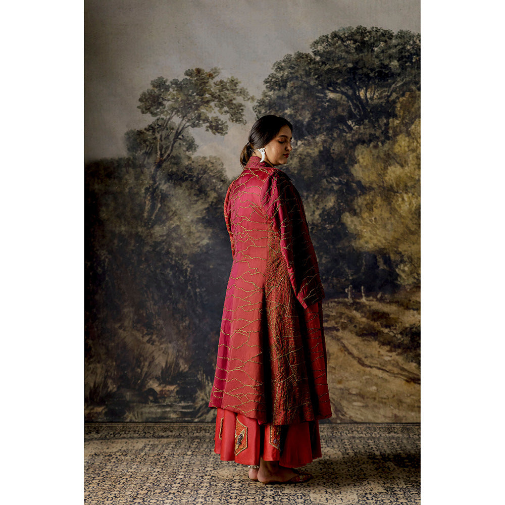 A Humming Way Namib Topographic Sherwani Coat, Valdivian Lehenga & Corset Blouse (Set of 3)