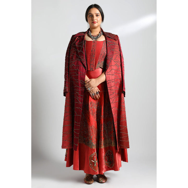 A Humming Way Namib Topographic Sherwani Coat, Valdivian Lehenga & Corset Blouse (Set of 3)