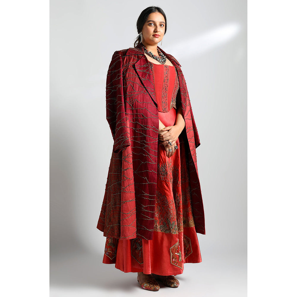 A Humming Way Namib Topographic Sherwani Coat, Valdivian Lehenga & Corset Blouse (Set of 3)