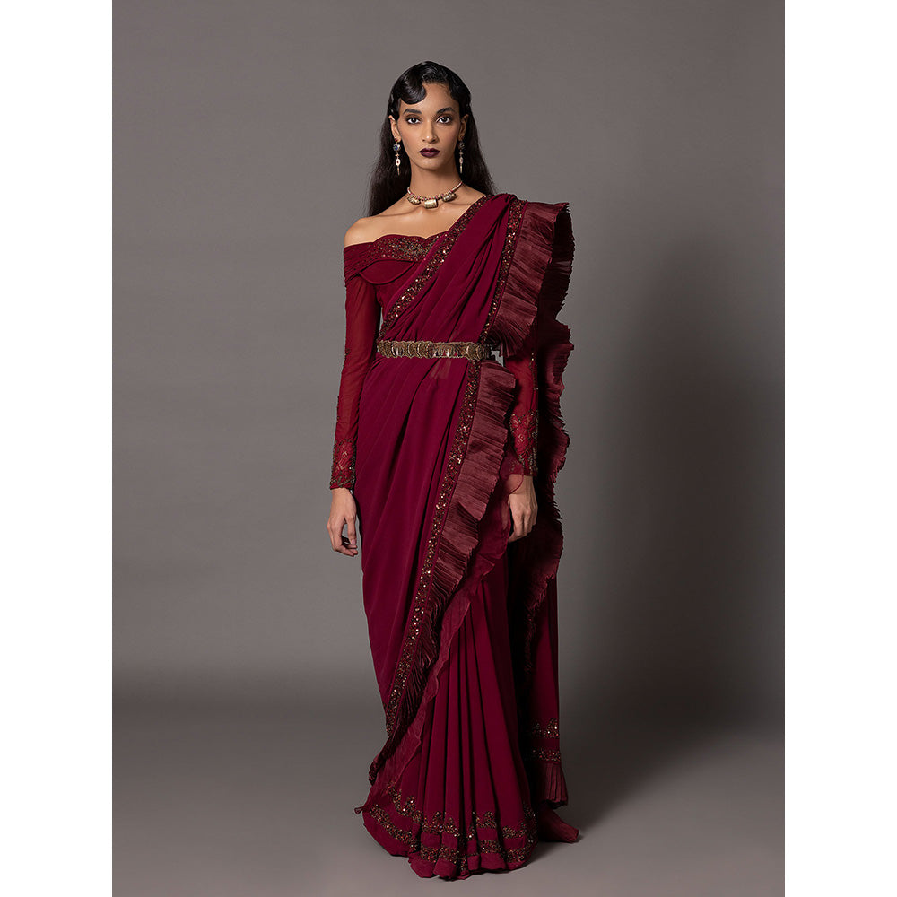 A Humming Way Garnet Maroon Pleated Sequin Saree with Blouse & Belt