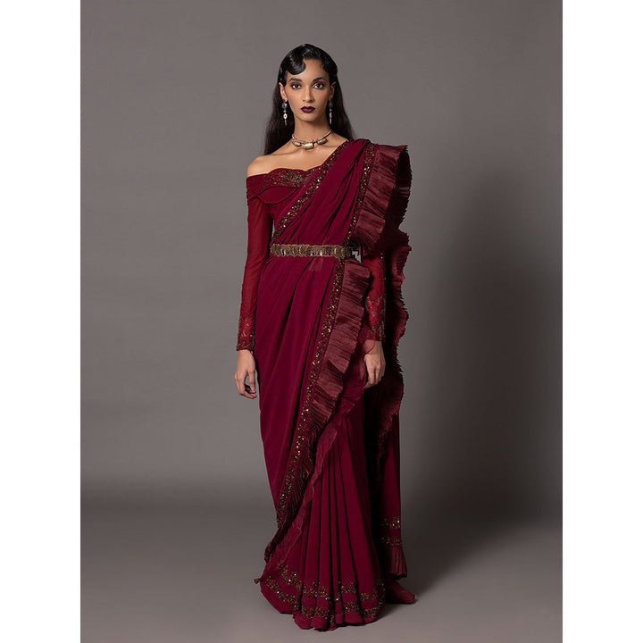 A Humming Way Garnet Maroon Pleated Sequin Saree with Blouse & Belt