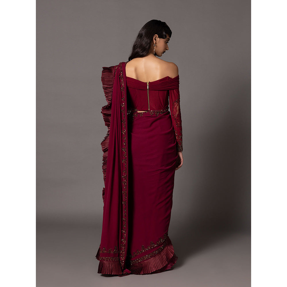 A Humming Way Garnet Maroon Pleated Sequin Saree with Blouse & Belt