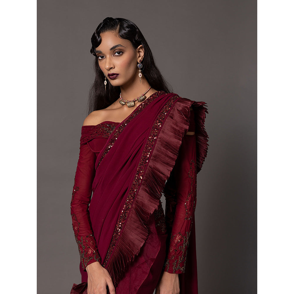 A Humming Way Garnet Maroon Pleated Sequin Saree with Blouse & Belt