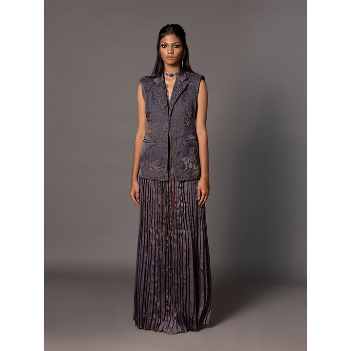 A Humming Way Shikhar Baugh Charcoal Jacket and Gucha Pleated Skirt (Set of 2)