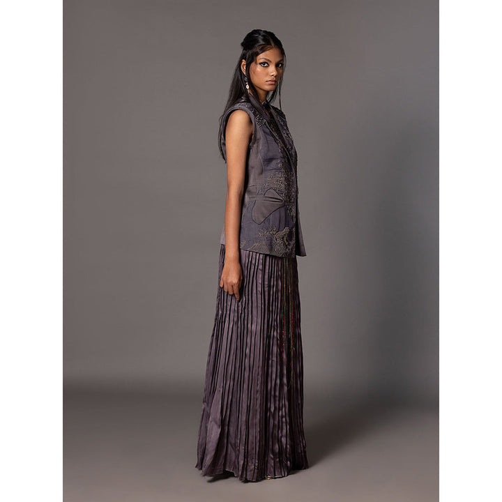 A Humming Way Shikhar Baugh Charcoal Jacket and Gucha Pleated Skirt (Set of 2)