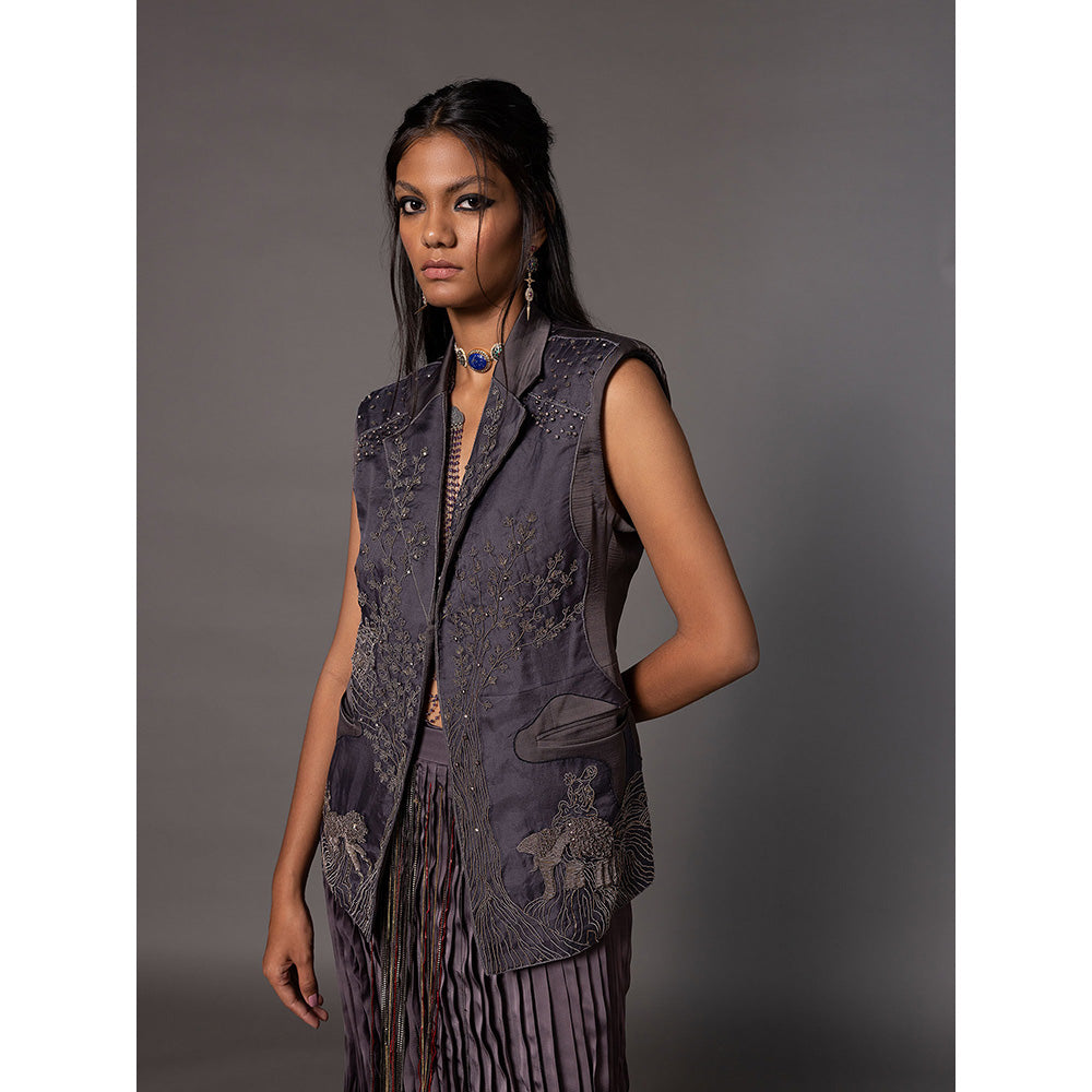 A Humming Way Shikhar Baugh Charcoal Jacket and Gucha Pleated Skirt (Set of 2)