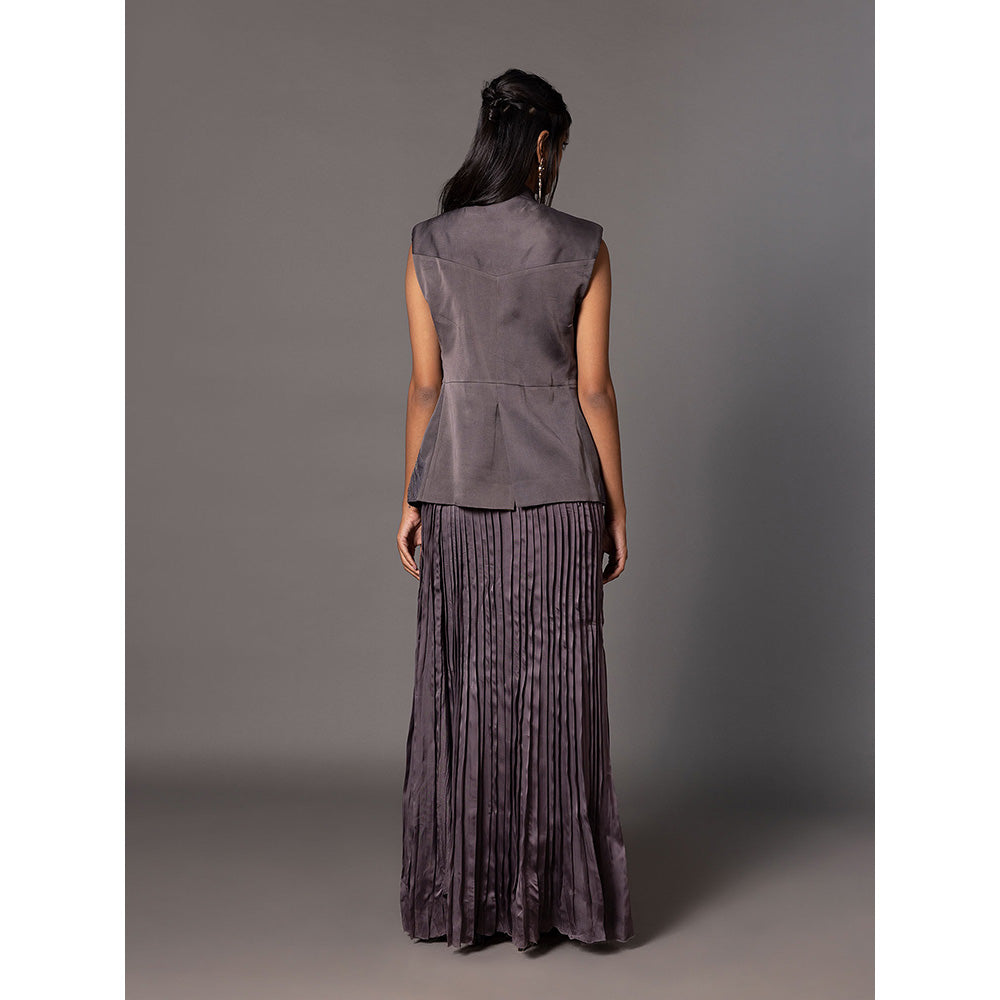 A Humming Way Shikhar Baugh Charcoal Jacket and Gucha Pleated Skirt (Set of 2)