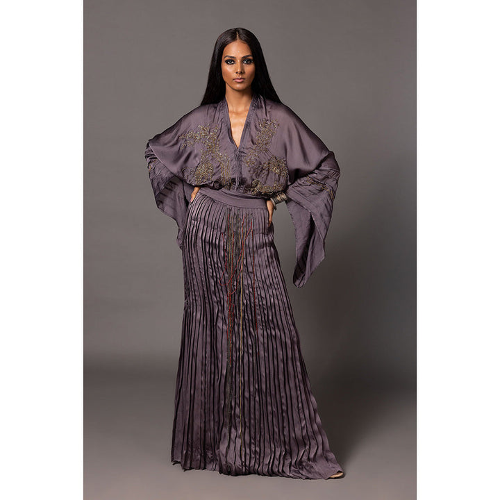 A Humming Way Shikhar Baugh Charcoal Kimono and Gucha Pleated Top with Skirt (Set of 2)