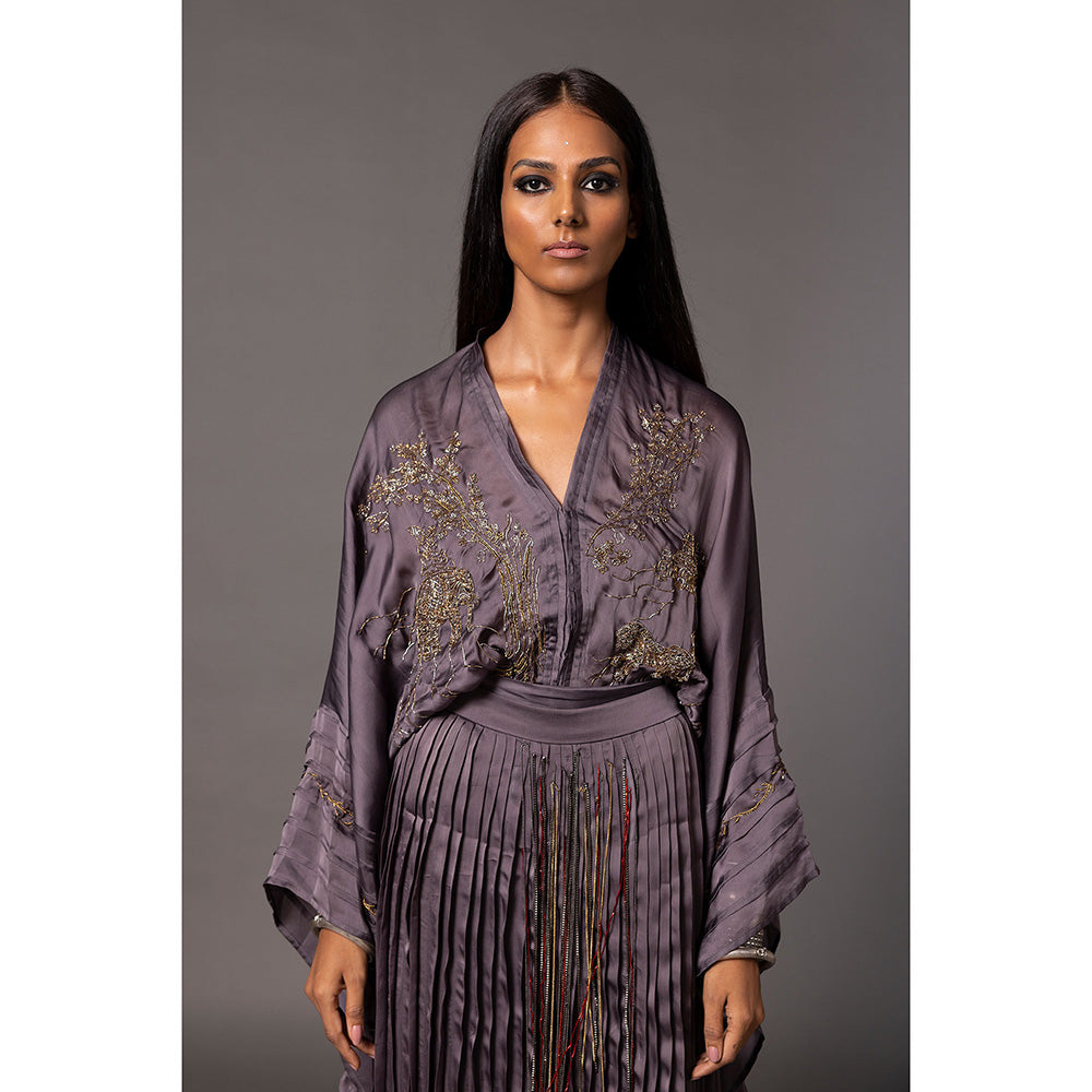 A Humming Way Shikhar Baugh Charcoal Kimono and Gucha Pleated Top with Skirt (Set of 2)