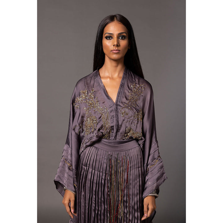 A Humming Way Shikhar Baugh Charcoal Kimono and Gucha Pleated Top with Skirt (Set of 2)