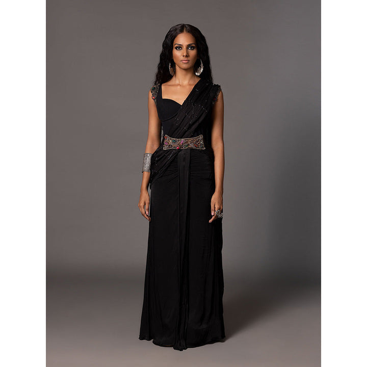 A Humming Way Kalbeliya Black Corset Pre-Draped Saree with Belt