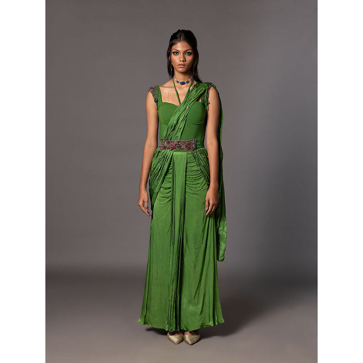 A Humming Way Kalbeliya Emerald Green Corset Saree with Belt