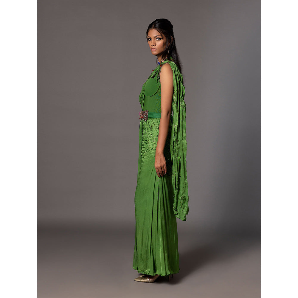 A Humming Way Kalbeliya Emerald Green Corset Saree with Belt