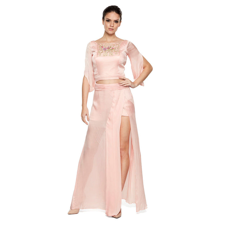 A Humming Way Pink Lungi Wrap Skirt and Shorts With Satin Crop Blouse