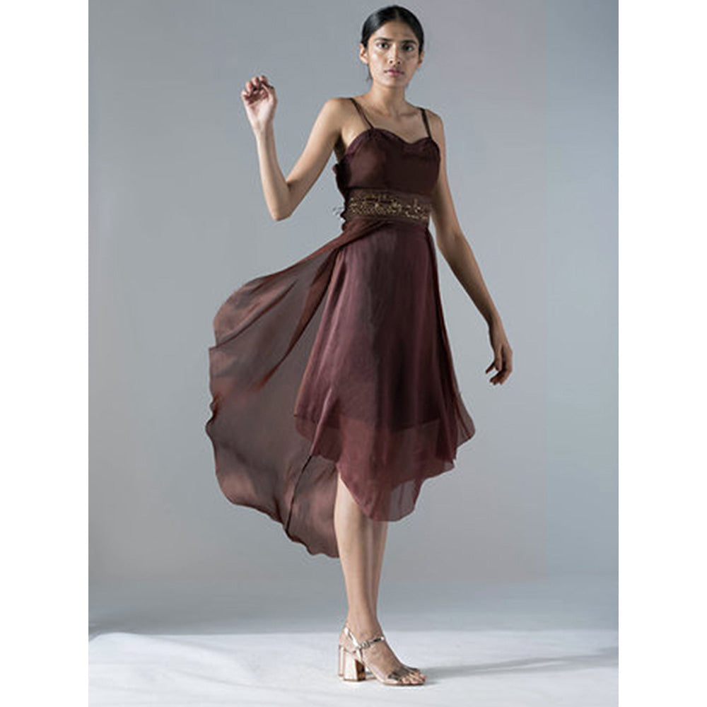 A Humming Way Brown Flared Corset Tea Length Dress