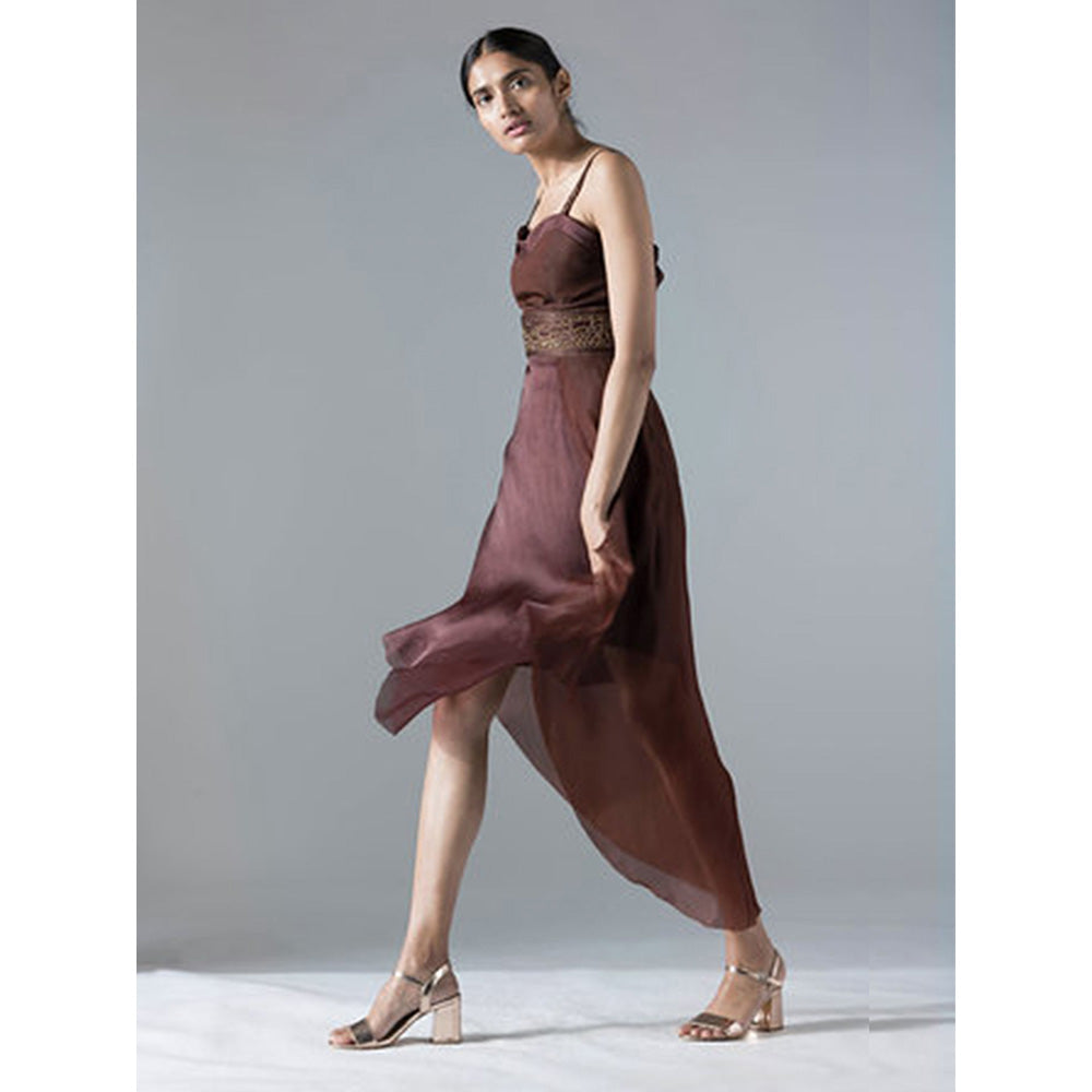 A Humming Way Brown Flared Corset Tea Length Dress