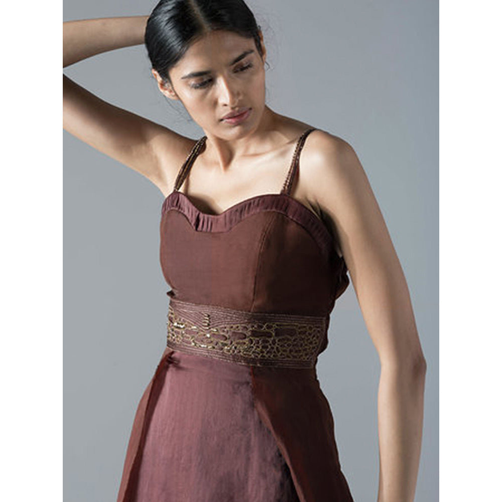 A Humming Way Brown Flared Corset Tea Length Dress