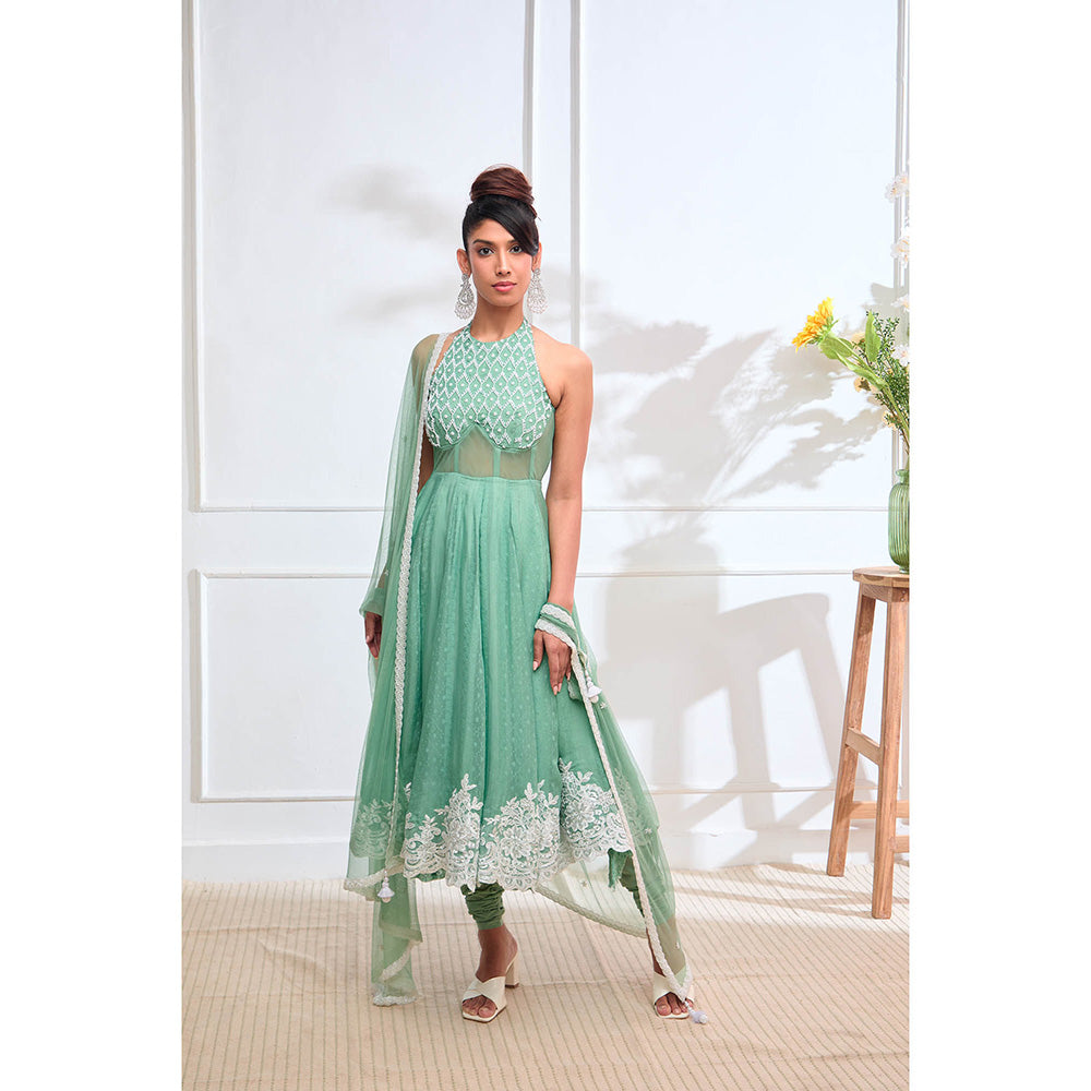 Aishwarya Tyagi Organza Jamdani Halter Anarkali Kurta with Churidar Pant & Dupatta (Set of 3)