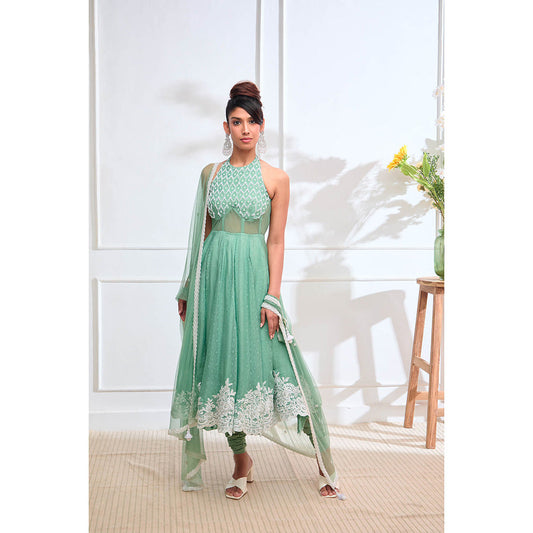 Aishwarya Tyagi Organza Jamdani Halter Anarkali Kurta with Churidar Pant & Dupatta (Set of 3)