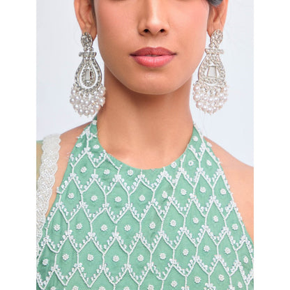 Aishwarya Tyagi Organza Jamdani Halter Anarkali Kurta with Churidar Pant & Dupatta (Set of 3)