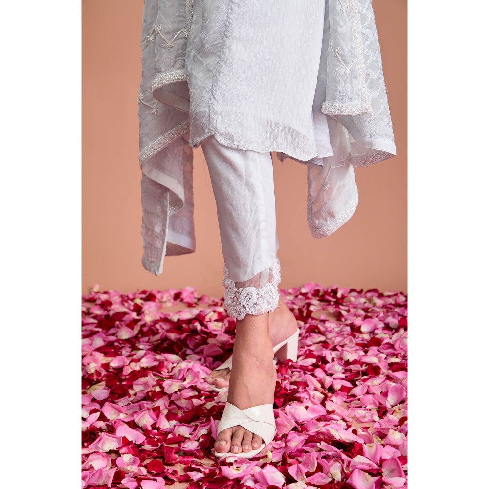 Aishwarya Tyagi Organza Jamdani One Shoulder Flared Kurta with Pant & Dupatta (Set of 3)