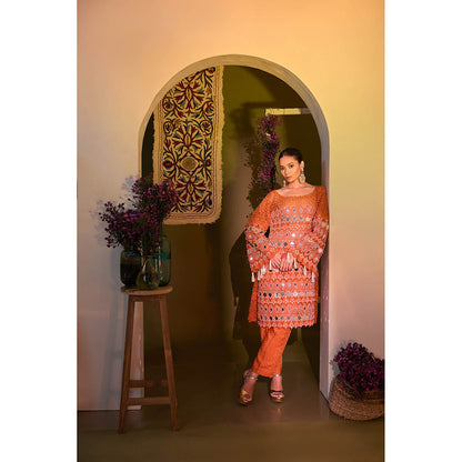 Aishwarya Tyagi Rust Mirror Work Kurta with Pant and Inner (Set of 3)