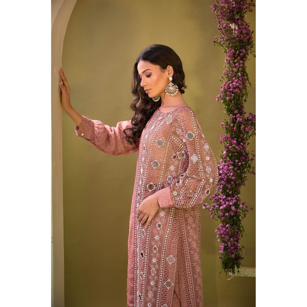 Aishwarya Tyagi Mauve Mirror Work Kurta with Pant and Inner (Set of 3)