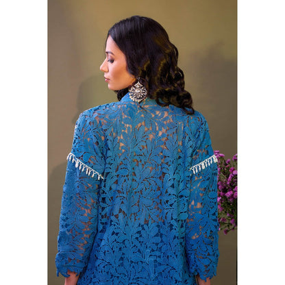 Aishwarya Tyagi Blue Ira Mirror Work Kurta with Salwar and Inner (Set of 3)