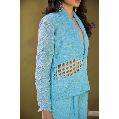 Aishwarya Tyagi Blue Akash Mirror Work Blazer and Pant (Set of 2)
