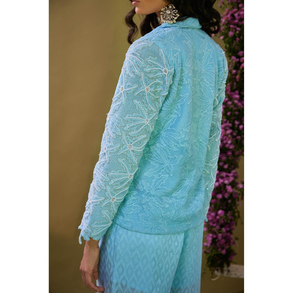 Aishwarya Tyagi Blue Akash Mirror Work Blazer and Pant (Set of 2)