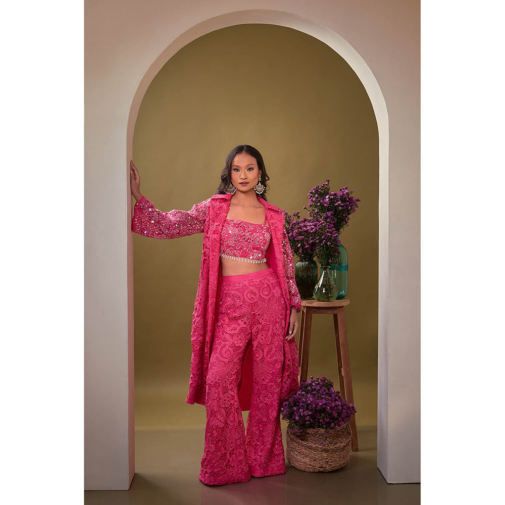 Aishwarya Tyagi Pink Padma Mirror Work Jacket with Bustier and Pant (Set of 3)