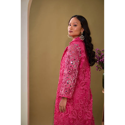 Aishwarya Tyagi Pink Padma Mirror Work Jacket with Bustier and Pant (Set of 3)