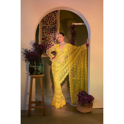 Aishwarya Tyagi Yellow Varda Mirror Work Saree with Stitched Blouse